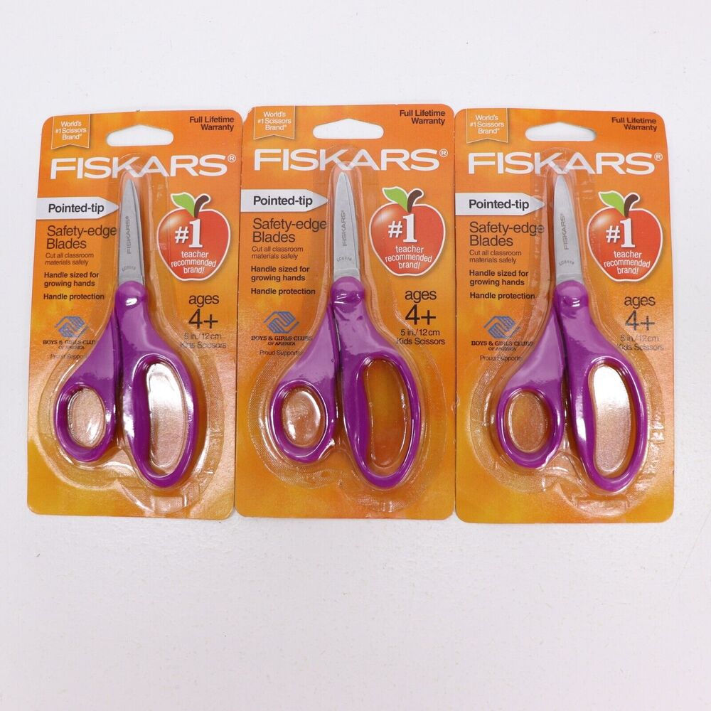 3x Fiskars Kid School Scissors Purple Pointed Tip For Both Left And Right Handed